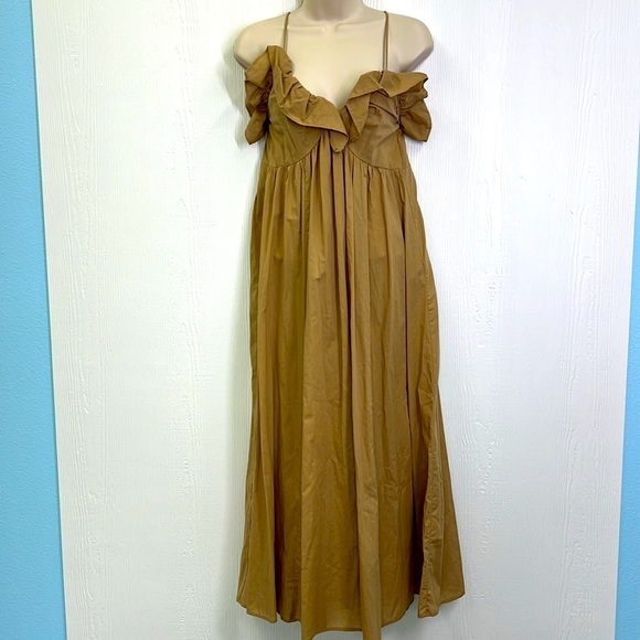 H&M - NWT Flounce Trimmed V Neck Ruffle Neckline Beige Maxi Dress Size XS - Picture 2 of 13